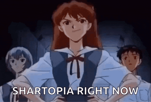 a girl is standing in front of a group of people with her hands on her hips and the words shartopia right now .
