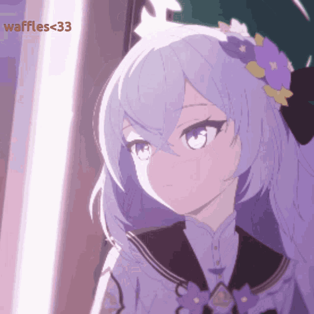 a picture of a girl with purple hair and a flower in her hair with the words waffles < 33 below her