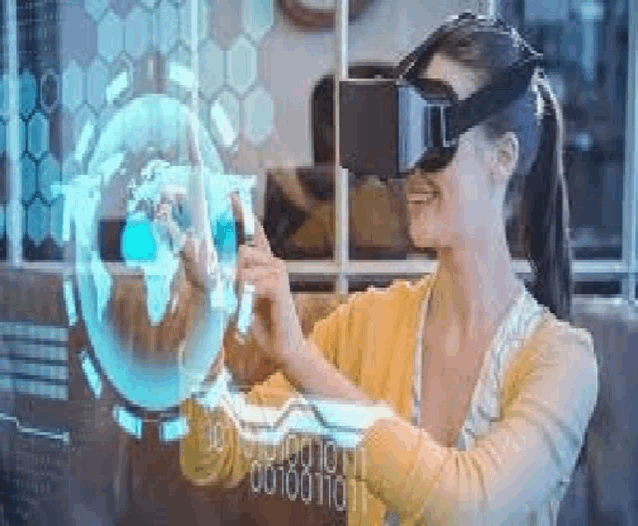 a woman wearing a virtual reality headset is looking at a screen .