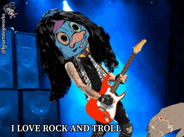 a cartoon of a person playing a guitar with the words " i love rock and troll " on the bottom