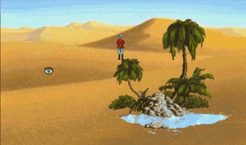 a cartoon of a man standing in a desert with a palm tree