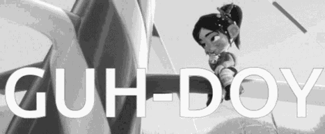 a black and white photo of a cartoon character with the words guh-doy written in white