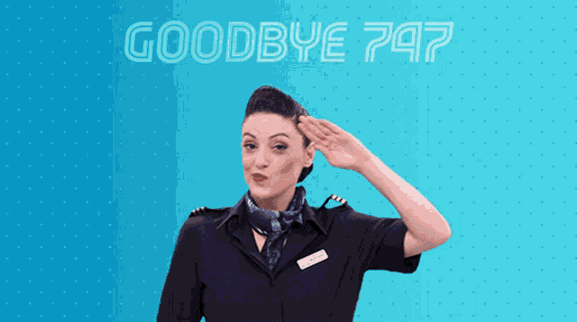 a woman salutes in front of a blue background that says goodbye 247