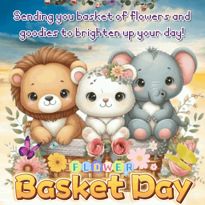 a lion and two elephants sit in a basket of flowers