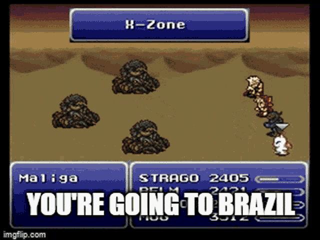 a screenshot of a video game with the words " you 're going to brazil "