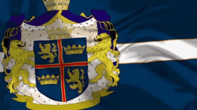 a blue and white flag with a coat of arms in the center