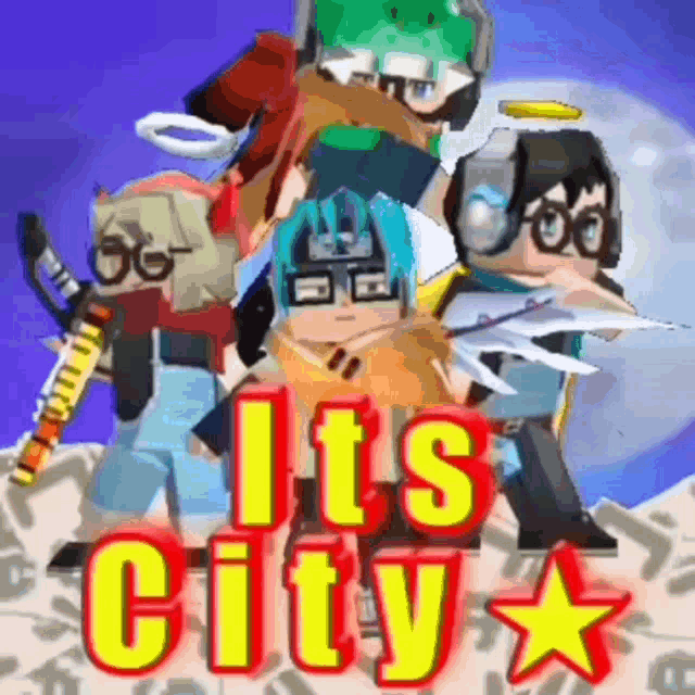 a group of cartoon characters standing next to each other with the words it 's city above them