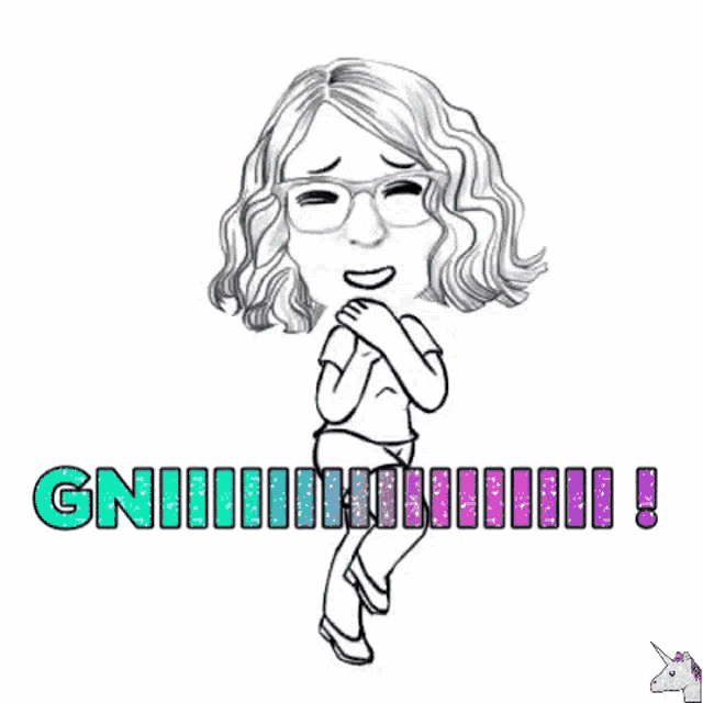 a black and white drawing of a woman with glasses and the words gniiiihhhiiii ! below her