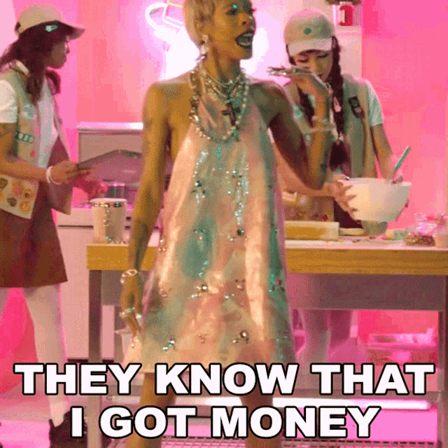 a woman in a pink dress with the words they know that i got money above her
