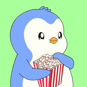 a blue and white penguin is holding a striped box of popcorn