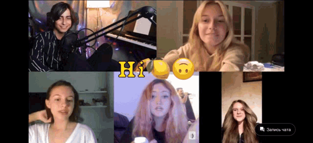a group of people on a video call with the word hi on the top left