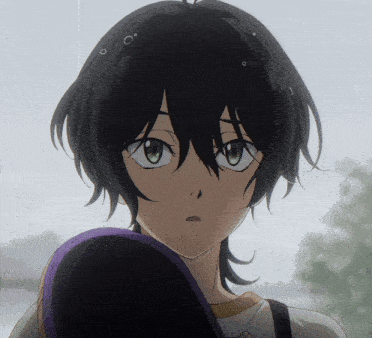 a close up of a anime character with black hair
