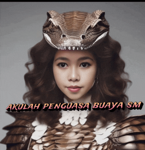 a woman with a crocodile on her head with akulah penguasa buaya sm written below her