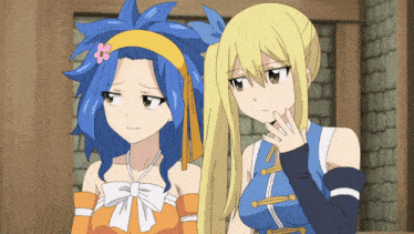 two anime girls are standing next to each other and one has a flower on her head