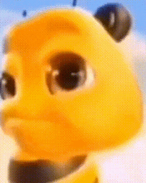 a close up of a yellow cartoon character 's face with a blue sky in the background