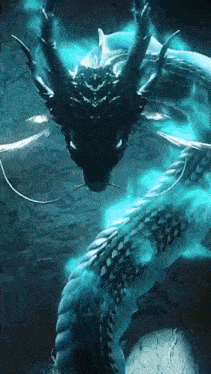 a dragon with blue flames coming out of it 's mouth is swimming in the water .