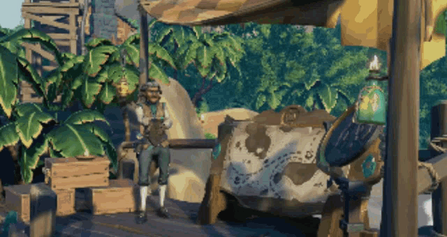 a man in a pirate outfit stands in front of a map in a video game