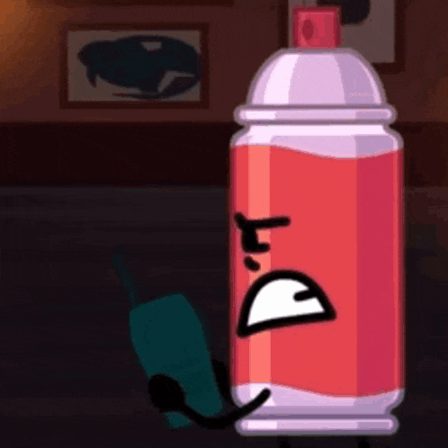 a cartoon spray can with a face and arms is standing next to a cell phone .