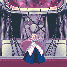 a girl in a blue and white dress is chained to a statue