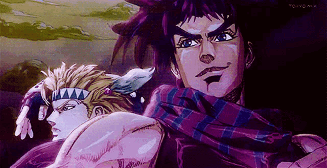 two anime characters are standing next to each other with tokyo mx in the corner