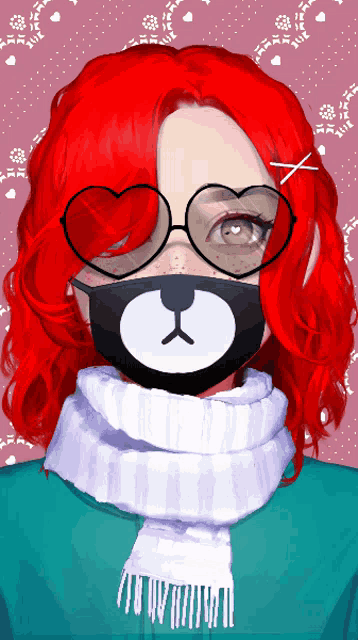 a girl with red hair is wearing a teddy bear mask