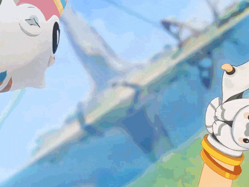 two cartoon characters are looking at each other with one wearing a glove