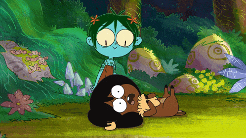 a cartoon drawing of a girl with green hair standing next to a squirrel