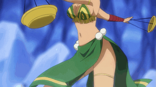 a woman in a green skirt is holding scales