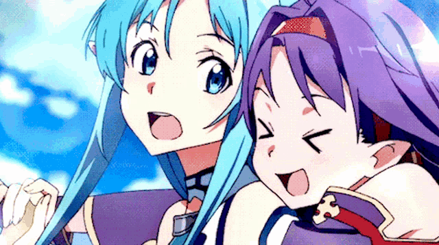 a couple of anime girls with blue and purple hair
