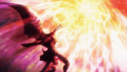 a demon with wings is flying through the air in front of a purple and yellow background .