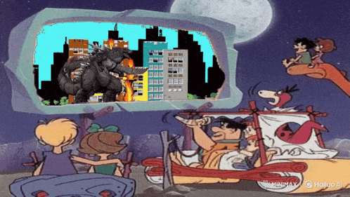 a cartoon of the flintstones watching a godzilla film
