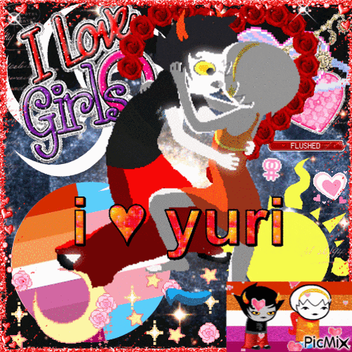 a picture of a couple kissing with the words " i love girls i love yuri " on the bottom