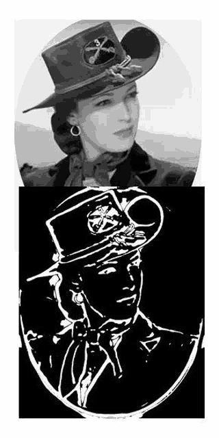 a black and white photo of a woman wearing a hat and a drawing of a man in a hat .