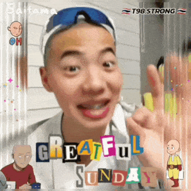 a picture of a man with the words greatful sunday written on it