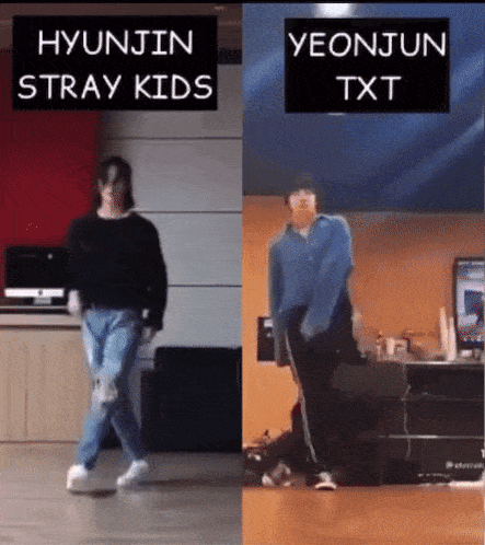 hyunjin stray kids and yeonjun txt are dancing in a room .