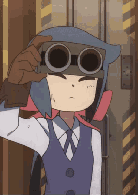 a cartoon character is wearing goggles and looking at something