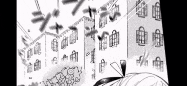 a black and white drawing of a girl in front of a building with a lot of windows .