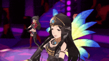 a girl with long black hair is wearing a headpiece with feathers on it