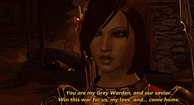 a woman in a video game says you are my grey warden and our savior