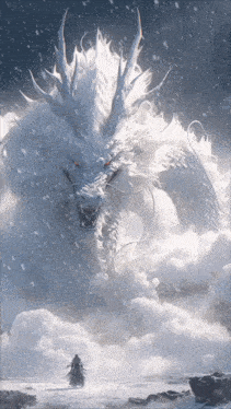 a painting of a man riding a horse in front of a white dragon