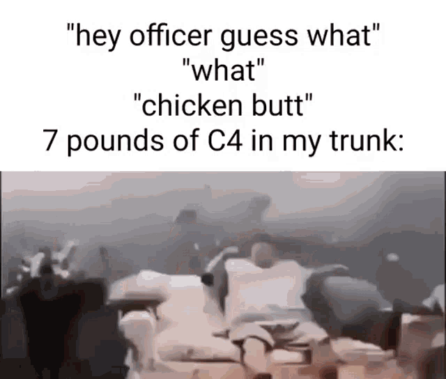 a man is sitting on a couch in a living room with a caption that says `` hey officer guess what '' .