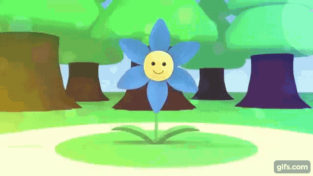 a blue flower with a yellow face is growing in a field .
