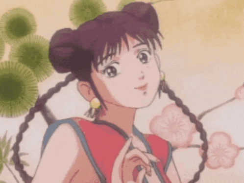 a cartoon girl with purple hair and braids is smiling