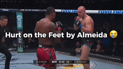 two men are fighting in a boxing ring with the words hurt on the feet by almeida
