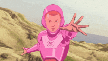 a cartoon of a girl in a pink suit pointing