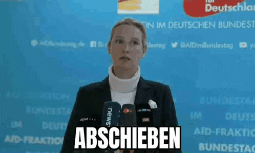 a woman is speaking into a microphone and the word abschieben is on the screen