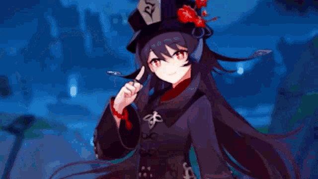 a girl with long black hair and red eyes is standing next to a white ghost and pointing at it .