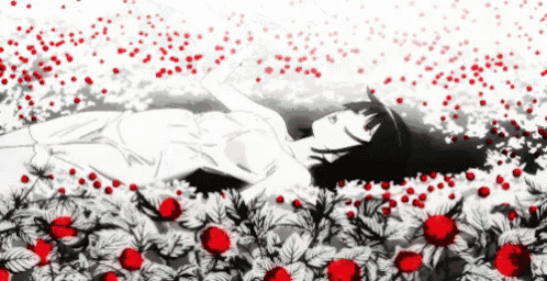 a black and white drawing of a girl laying in a field of red flowers