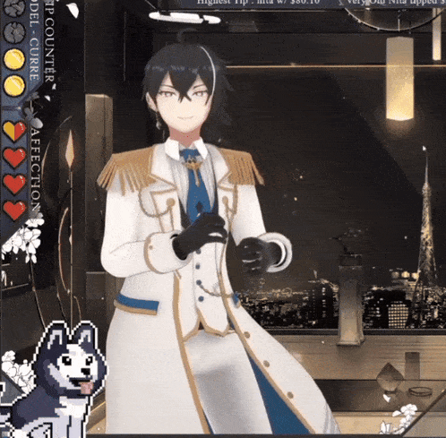 a screenshot of a video game shows a man in a white coat standing next to a dog