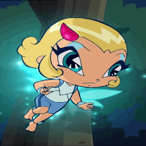 a cartoon character with blonde hair and blue eyes